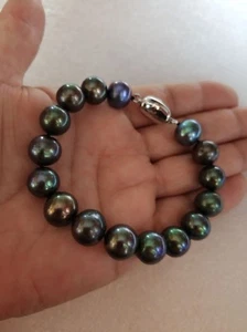 Bracciale 7,5-8" AAA+ 11-12mm vero naturale Tahitiano perle nere verdi 925 - Foto 1 di 10