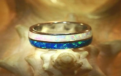 ANILLO ÓPALO BLANCO AZUL CON INCRUSTACIONES DE 2 TONOS PLATA ESTERLINA 925 SÓLIDA RODIO 6 MM 5-12 Foto 1 de 3
