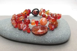 Agate Bracelet, Carnelian Beads, Beaded Bracelet Cuff Bangle - Picture 1 of 7