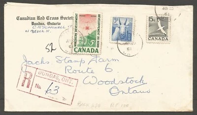 1961 Dundas Ontario to Woodstock Registered Cover 25c RPO CDS Red Cross CC Foto 1 de 2