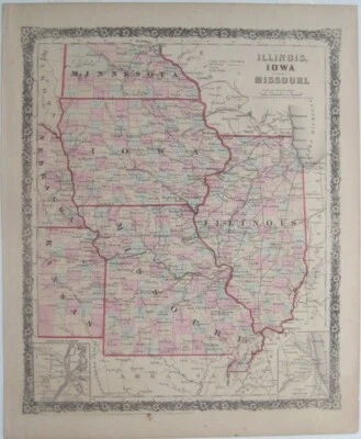 Original 1860 J.H. Mapa Fronterizo Floral Atlas Gabinete Colton ILLINOIS IOWA MISSOURI Foto 1 de 4