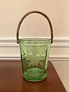 Vintage Secchiello ghiaccio inciso floreale vetro manico corda verde chiaro depressione - Foto 1 di 7