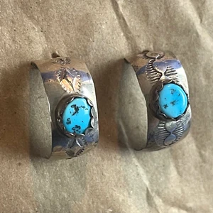 Vintage Handmade Navajo Turquoise Stamped Sterling Silver Post Hoop Earrings - Picture 1 of 6