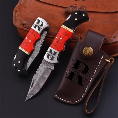Navaja de Bolsillo Plegable Grabada Personalizada Hecha a Mano edc Damasco, FUNDA Foto 1 de 4