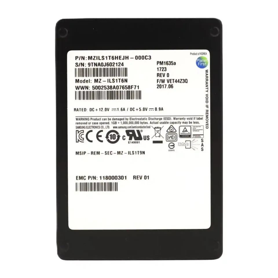EMC (118000301) Samsung (MZ-ILS1T6N) 1.6TB Mixed Use (SFF 2.5in) SAS-3 12G SSD - Image 1 of 1