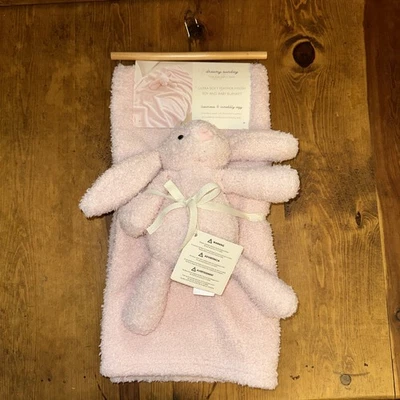 Cobertor de bebê coelho rosa Laura Ashley brinquedo de pelúcia acabamento de penas reversível novo com etiquetas - Imagem 1 de 4