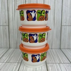 TUPPERWARE Snack Cups Set 3 Bowls 4oz Bats Ghosts Pumpkins Halloween Orange Lids - Picture 1 of 7