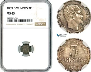 AK736, Danish West Indies, Frederik VII, 3 Cents 1859, Silver, NGC MS63 - Picture 1 of 1