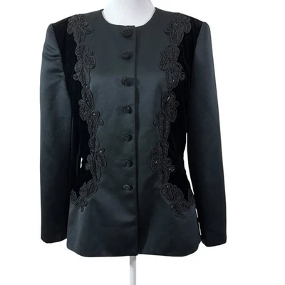 Vintage Victor Costa Nahdree Dressy Black Jacket 12 Embellished Velvet Detail - Image 1 of 4
