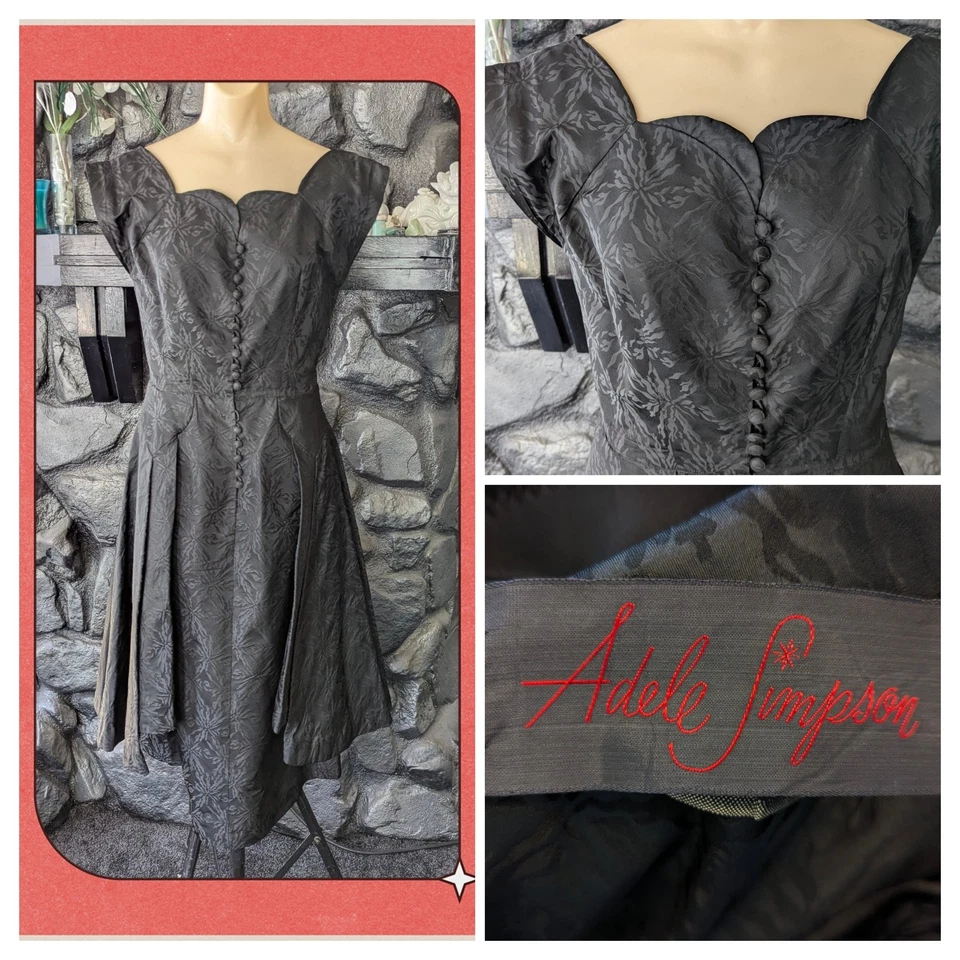 Vtg 50s Adele Simpson Cocktail Dress Black Damask Sweetheart Neck Med Train - Image 1 of 4