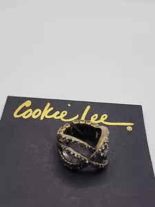 Cookie Lee Adjustable Ring 6 To 11 Black Clear Rhinestones - Picture 1 of 16
