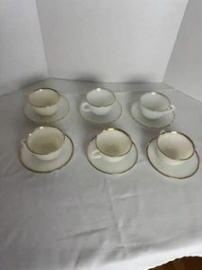 VINTAGE Anchor Hocking Fire King White Swirl Suburbia Gold Trim Cup & Saucer X6 - Picture 1 of 10