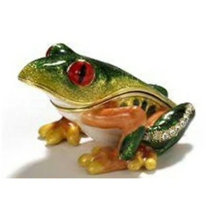 Bejeweled Enamel Trinket Jewelry Box, Opens with Magnet, Small Frog, #3384 - Picture 1 of 1