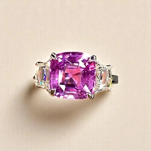 950 Platinum Certified 6.00 Ct Pink Sapphire & Diamond Ring Lab Created Cushion - Picture 1 of 8
