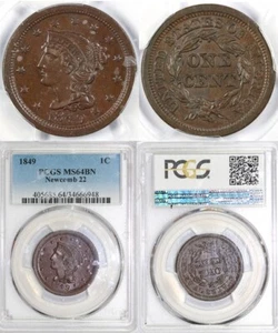 1849 1c N-22 Braided Hair Large Cent PCGS MS 64 BN - Picture 1 of 5