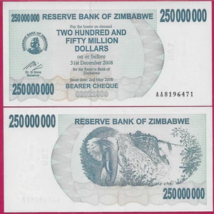 ZIMBABWE 250 MILLION (250,000.000) DOLLARS 2008 UNC AA,BEARER CHEQUE ISSUE,LOGO - Picture 1 of 1