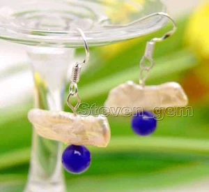 15-25mm Pink Natural FW Biwa Pearl and 6mm Round Blue Jade dangle Earring-466 - Picture 1 of 15