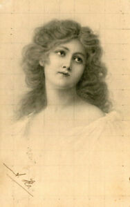 Carte Portrait de jeune femme sur papier quadrillé Illustré par MM Vienne 