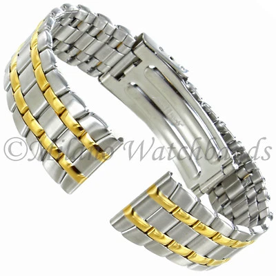 18mm Speidel Two Tone Shiny Gold Strips Band Clasp Stainless Steel WatchBand 698 - Image 1 of 4