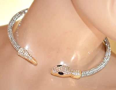Collana donna girocollo serpente semi rigido collier argento oro strass UA90 - Immagine 1 di 4