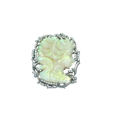 Broche camafeo platino diamante ópalo cristal australiano tallado Foto 1 de 4