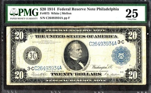 $20 1914 FRN Fr. 975 PHILADELPHIA Blue Seal Early Money White-Mellon PMG VF 25 - Picture 1 of 2