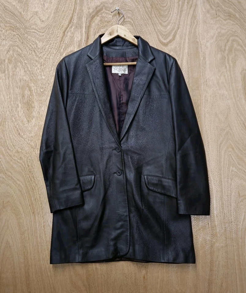 Jane Norris Soft Leather Jacket Button Up Blazer UK Size 12 Coat Long Sleeves - Image 1 of 4