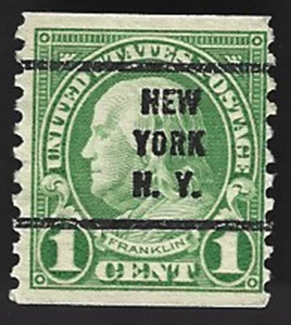 Scott#597 1c Franklin coil perf. 10 v. Precancel - NEW YORK N.Y. - (B-2) - Picture 1 of 2