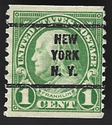 Scott#597 1c Franklin coil perf. 10 v. Precancel - NEW YORK N.Y. - (B-2) - Image 1 of 2