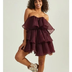 Altar'd State Sadie Dress XL Strapless Organza Ruffle Babydoll Mini Maroon Party - Picture 1 of 11