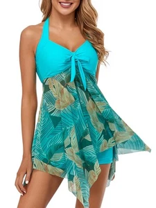 Women Tankini Swimdress with Boyshorts Two Piece V Neck Bowknot Halter Bathin... - Picture 1 of 6