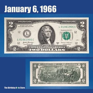 January 6, 1966 Birthday Anniversary $2 Two Dollar Bill Serial Number 01061966 - Picture 1 of 2