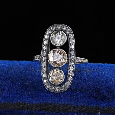 Antiguo anillo polaco Art Deco oro 14K plata diamante europeo antiguo tres piedras Foto 1 de 4
