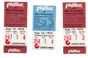 Drei verschiedene 1974 Philadelphia Phillies vs San Francisco Giants Ticket Stubs - Bild 1 von 2