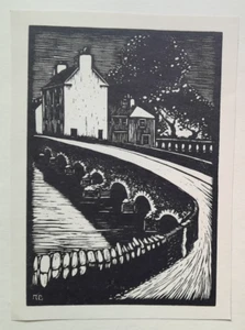 Richard Bennett SLIGO IRELAND WOODCUT PRINT C1927 Garavogue River Bridge - Picture 1 of 2