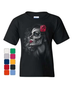 Day of the Dead Girl Youth T-Shirt Skull Face Dia de Los Muertos Roses Kids Tee - Picture 1 of 7