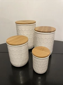 4 Farmhouse Stoneware Canisters With Honeycomb Design And Bamboo Lids White. New - Picture 1 of 4