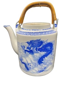 Asian White And Willow Blue Teapot Dragon And Koi Fish Themed Bamboo Handles - Picture 1 of 21