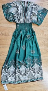 Womens Boho Floral/Paisley Midi Dress ~Ladies~ V Neck ~Short Cap Sleeve ~Green - Picture 1 of 5