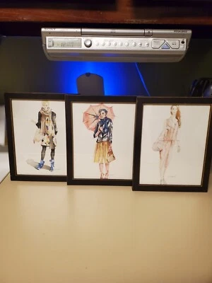 Juego de 3 acuarelas de moda firmadas 8x10 enmarcadas profesionalmente Foto 1 de 4