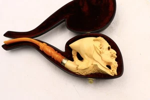 Verzierte S. Yanik geschnitzte Meerschaum unberauchte gehörnte Dämonenmann 11x4" Pfeife - Bild 1 von 14