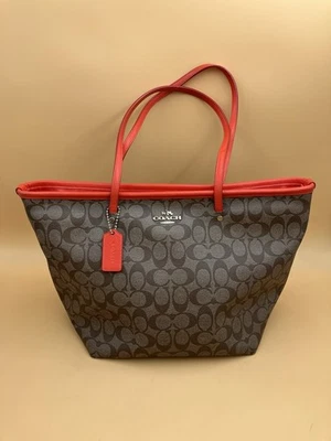 COACH Signature Logo Zip Tote Khaki Tan Canvas Orange Leather Straps F34603 - Image 1 of 4