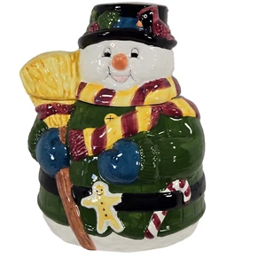 Ceramic Snowman Cookie Jar 10 in Tall Candy Cane Gingerbread Cookie World Link - Picture 1 of 9