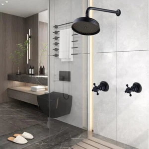 Bathroom 8” Black Rainfall Shower Faucet Mixer Wall Mount 2 Handles Brass Taps - Picture 1 of 8