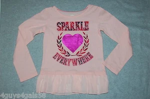 Girls L/S PEACH TEE SHIRT Sheer Ruffle SPARKLE EVERYWHERE Pink Metallic Heart 5 - Picture 1 of 1