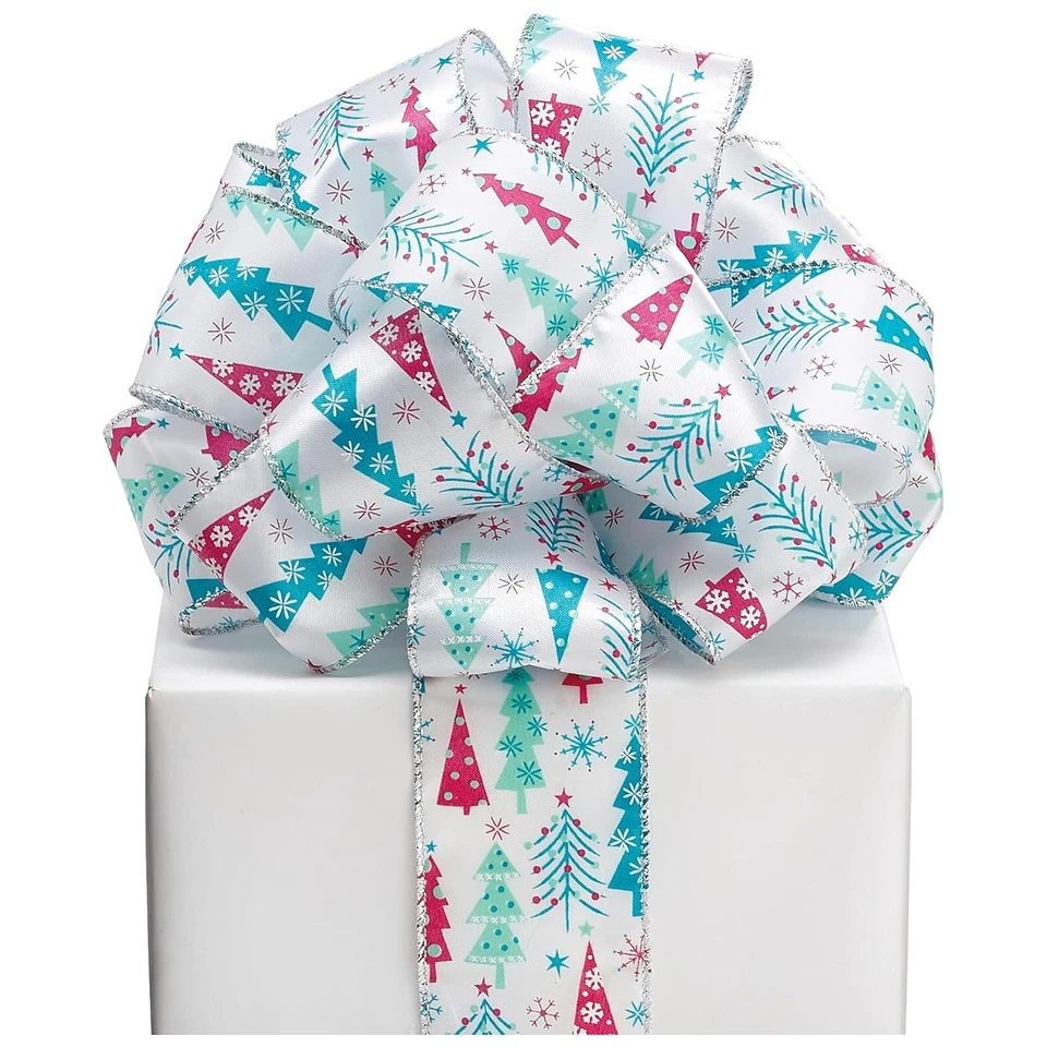 Bright Colorful Christmas Trees Satin Wired Ribbon - 2.5" Wide X20 Yds (9748660) - Image 1 of 1
