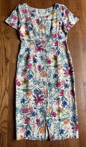 Vintage Maggie London Dress 10 Cottage Core Linen Cotton Button Long 90s Modest - Picture 1 of 15