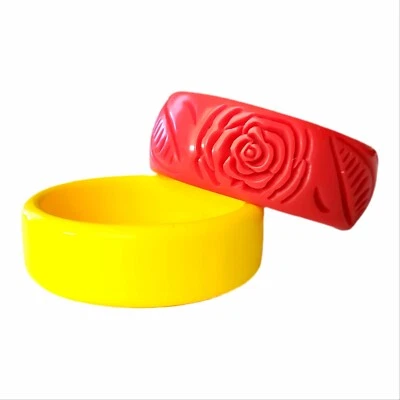 Y2k Lot Of 2 Lucite Bangle Set Red Etched Rose Bright Yellow Women's Bracelets - Image 1 of 4
