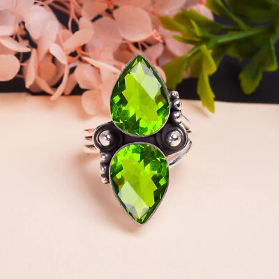 Peridot Green Gemstone 925 Sterling Silver Ring Oxidize Jewelry Gift For Mom. - Image 1 of 4