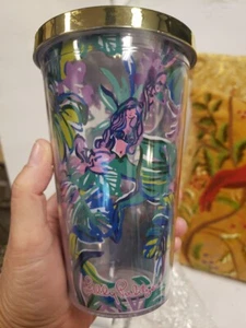 LILY PULITZER TRAVEL CUP GOLD LID ACRYLIC CUP 6-1/4" MERMAID BLUE LIME PINK Purp - Picture 1 of 14